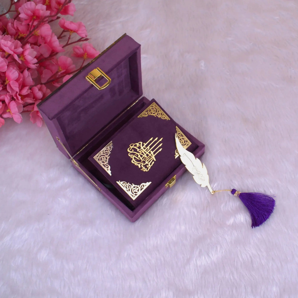 Handmade Velvet Mini Quran Box set in purple with gold detailing, featuring Tilawat-e-Quran and tassel bookmark, perfect religious gift.