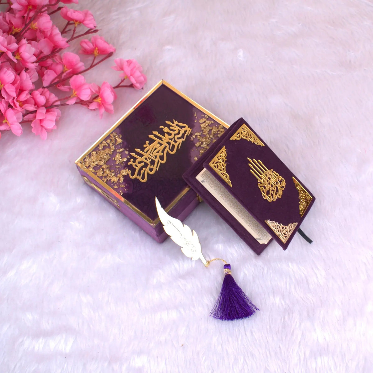 Purple Flakes Mini Tilawat-e-Quran with velvet designer box and feather tassel bookmark, elegant Islamic gift set handmade in India.