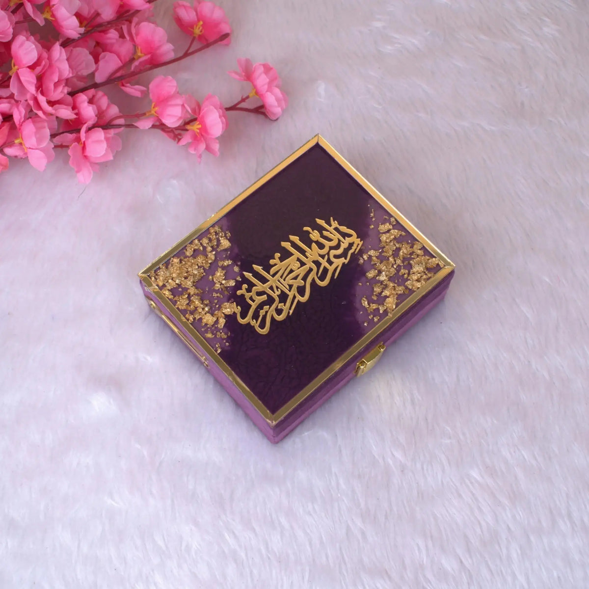 Closed Velvet Mini Quran Box in purple with gold Arabic calligraphy, part of handmade Tilawat-e-Quran gift set from India.
