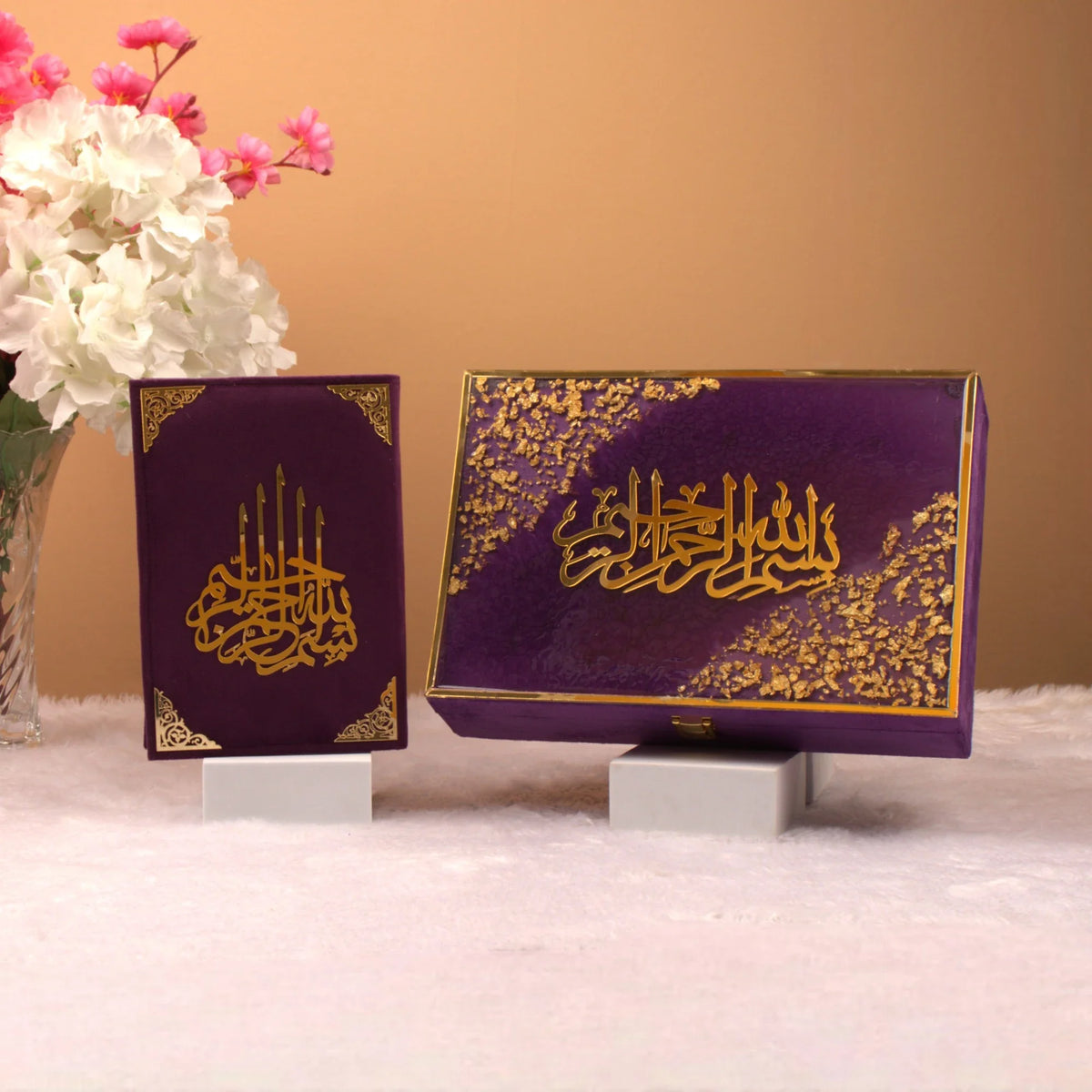 Velvet Quran and matching gift box with gold calligraphy from the Rehal Hamper Gift Set - Purple Flakes. Elegant Islamic gift set.