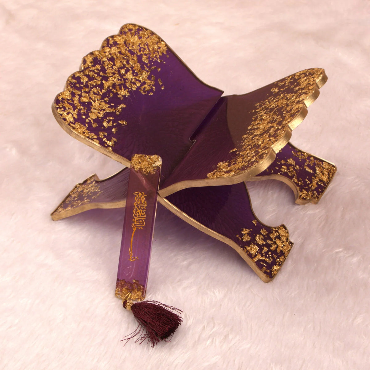 Premium handcrafted purple Rehal with gold flakes design from the Rehal Hamper Gift Set. Perfect for holding Holy Quran in style.