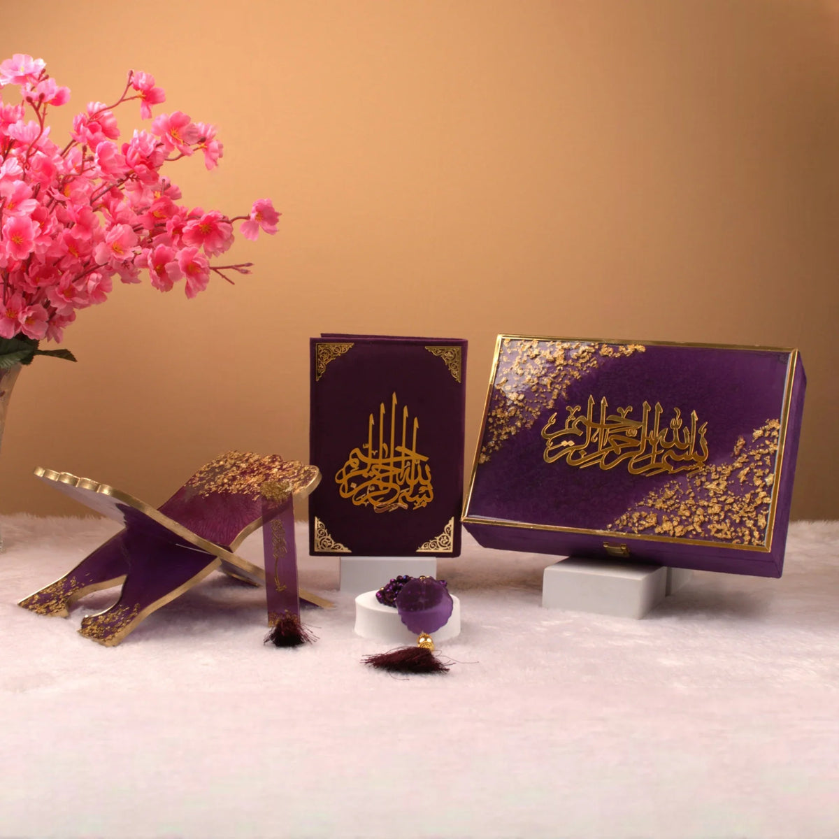 Rehal Hamper Gift Set - Purple Flakes featuring a velvet Quran, crystal tasbeeh, and gold-detailed rehal. Ideal Quran gift set for women.