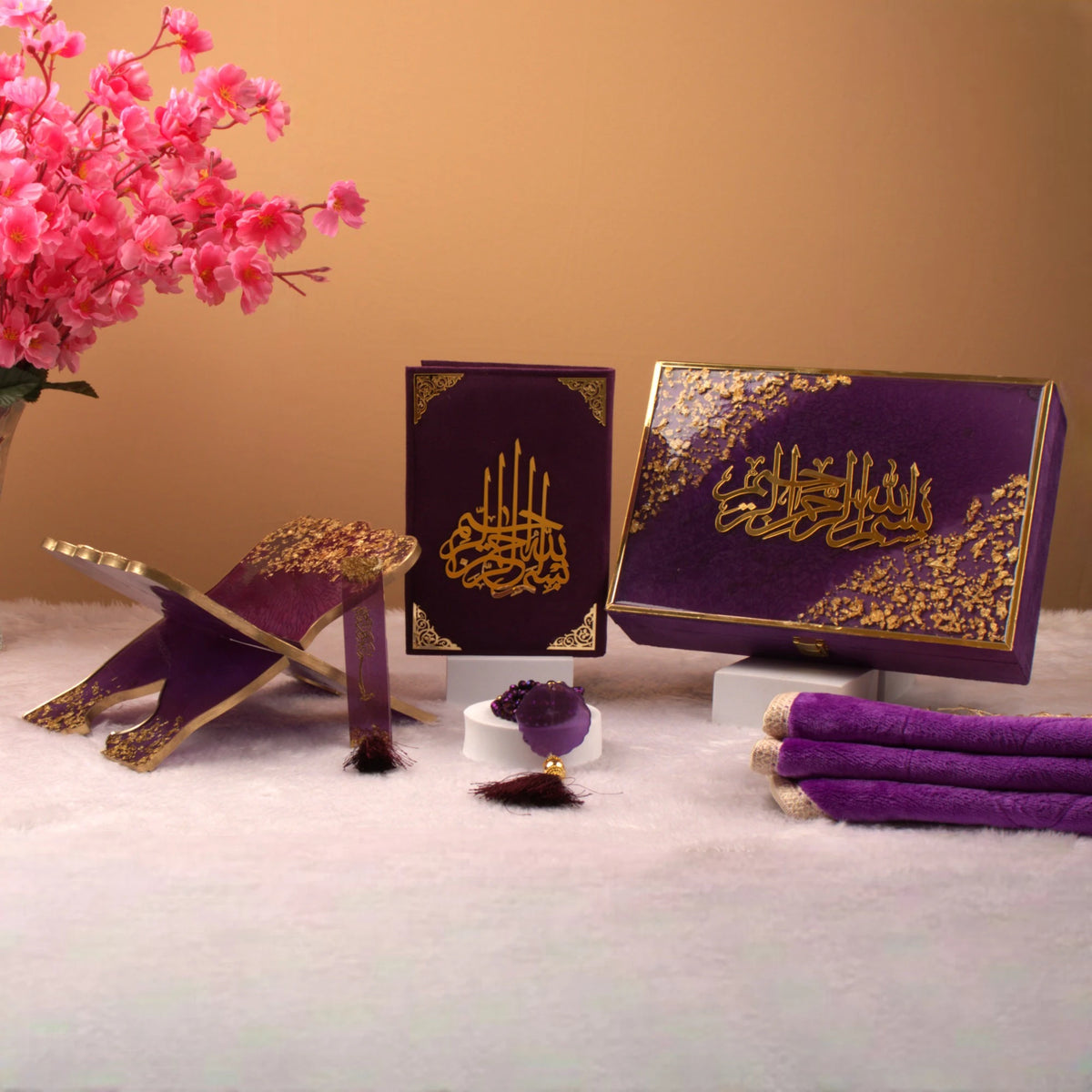 Premium Sawab-E-Jariya Hamper featuring purple Quran gift set with Rehal, tasbeeh, and Janamaz. Elegant Islamic gift for women and ceremonies.
