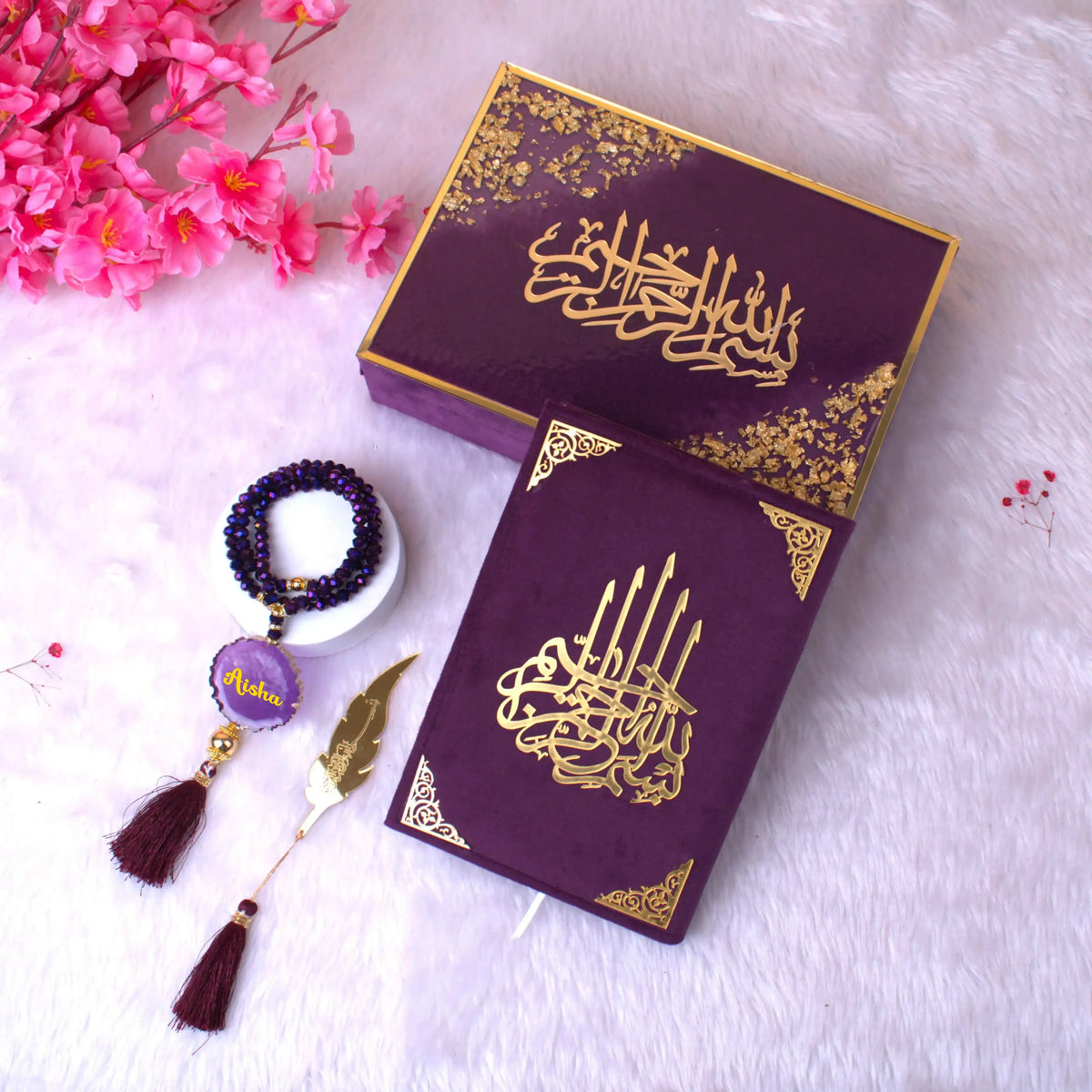 Tilawat-e-Quran Gift Hamper with purple velvet Quran, crystal Tasbeeh, and feather bookmark in a designer box. Ideal for bridal or spiritual gifting.