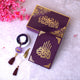 Tilawat-e-Quran Gift Hamper with purple velvet Quran, crystal Tasbeeh, and feather bookmark in a designer box. Ideal for bridal or spiritual gifting.
