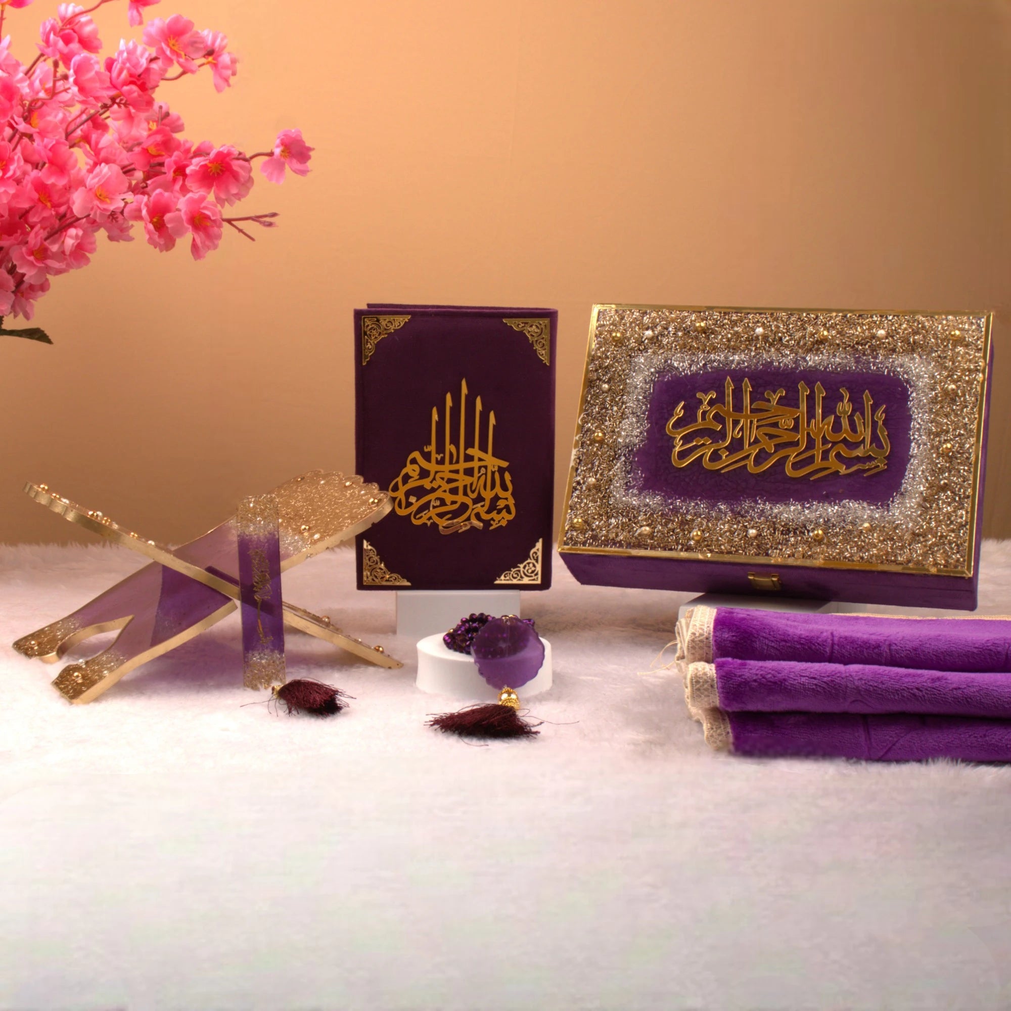 Purple Sequence Sawab-E-Jariya Hamper - Premium Quran Gift Set Online featuring velvet Quran, acrylic Rehal, Tasbeeh, and prayer mats in elegant packaging. Main image