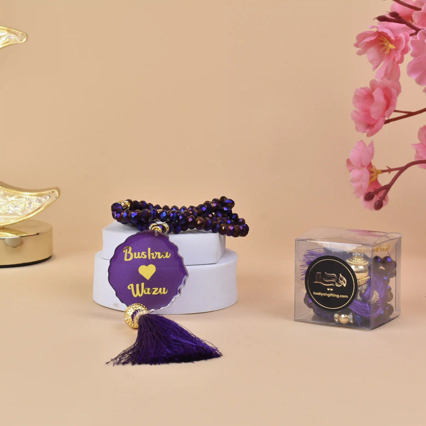 Purple Crystal Beads Tasbeeh - Personalized Gift with name 'Bushra ♥ Wuzu', featuring 100 beads and a tassel, ideal for Islamic spiritual gifting. Main image