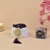 Purple Crystal Tasbeeh with Bismillah - 100 Beads displayed with gift box, ideal for Islamic prayer and Eid or Ramadan gifting.