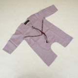 Flat lay of Purple Thobe Romper for baby boys featuring traditional Omani embroidery and snap-button closure, ideal for Ramadan and Eid gifting.