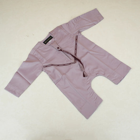 Flat lay of Purple Thobe Romper for baby boys featuring traditional Omani embroidery and snap-button closure, ideal for Ramadan and Eid gifting.