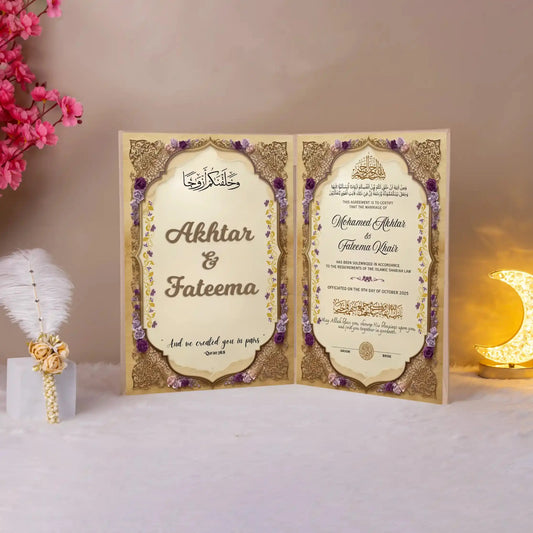 Qalb-e-Surkh Nikah Nama | Nikah Nama Online displayed open with Akhtar & Fateema's names, ideal for Nikah ceremonies and bridal gifting.