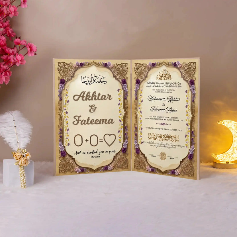 Qalb-e-Surkh Nikah Nama | Nikah Nama Online featuring a personalized Islamic marriage certificate with floral borders and elegant calligraphy. Main image