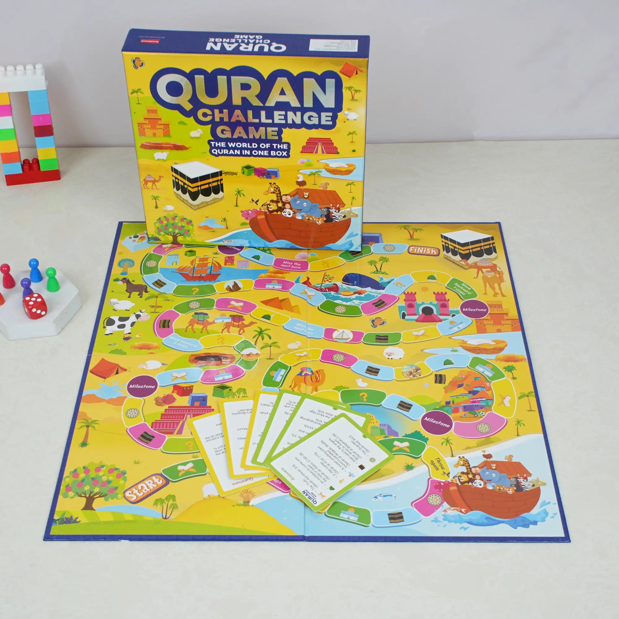 Quran Challenge Game - Quran Educational Game | Interactive Learning board game setup with colorful path, question cards, and player pieces for kids. Main image