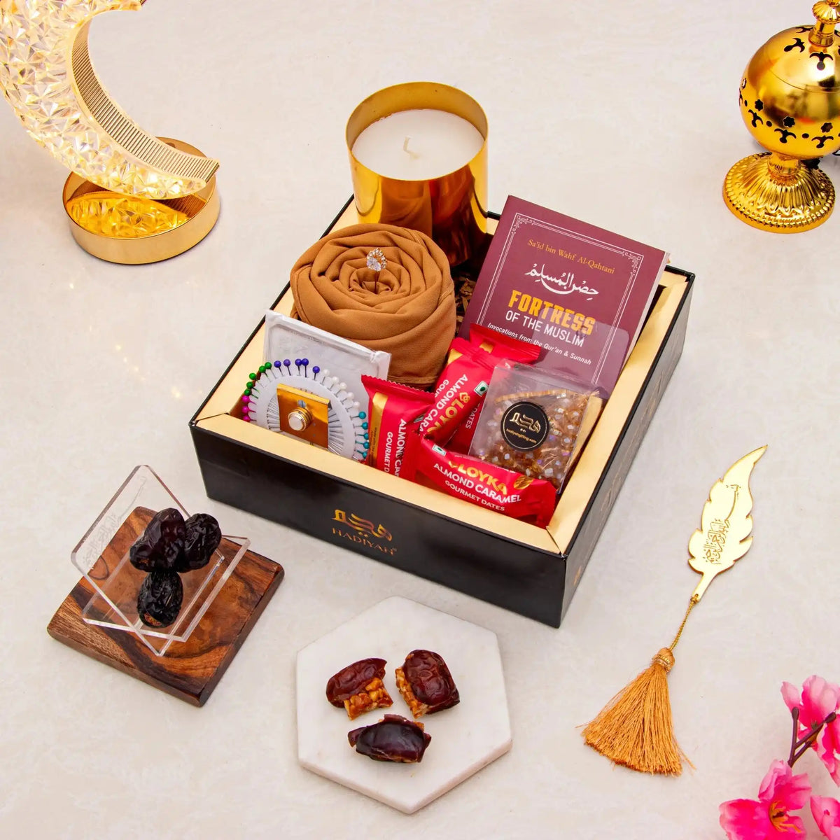 Rahmat Hamper - Spiritual Gift Set with prayer essentials, dates, sweets, and Islamic book, ideal for Ramadan gifting and religious celebrations.