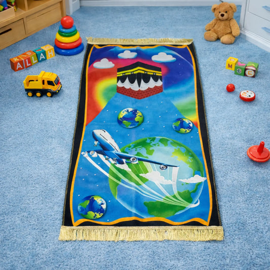 Kids Prayer Mat - Personalized Mat | Janamaz for Kids with a Kaaba and Earth design, airplane illustration, and colorful educational toys.
