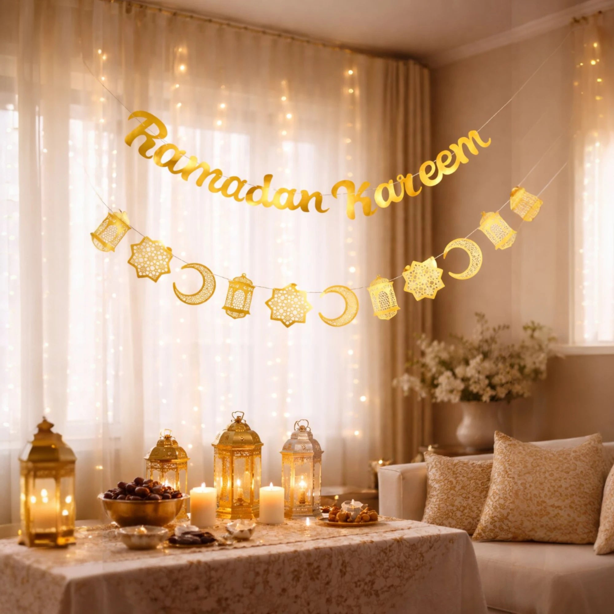 Ramadan Kareem Banner - Islamic Festive Decoration hanging in a warmly lit living room with lanterns, candles, and crescent moon motifs. Ideal for Ramadan celebrations and home décor. Main image