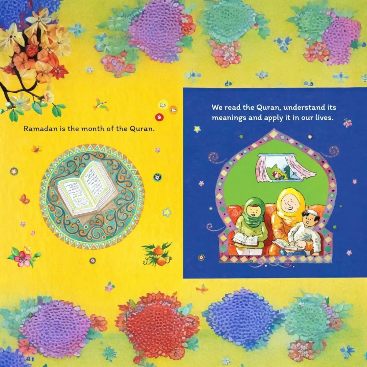 Colorful children's book page about Ramadan with Quran and family reading