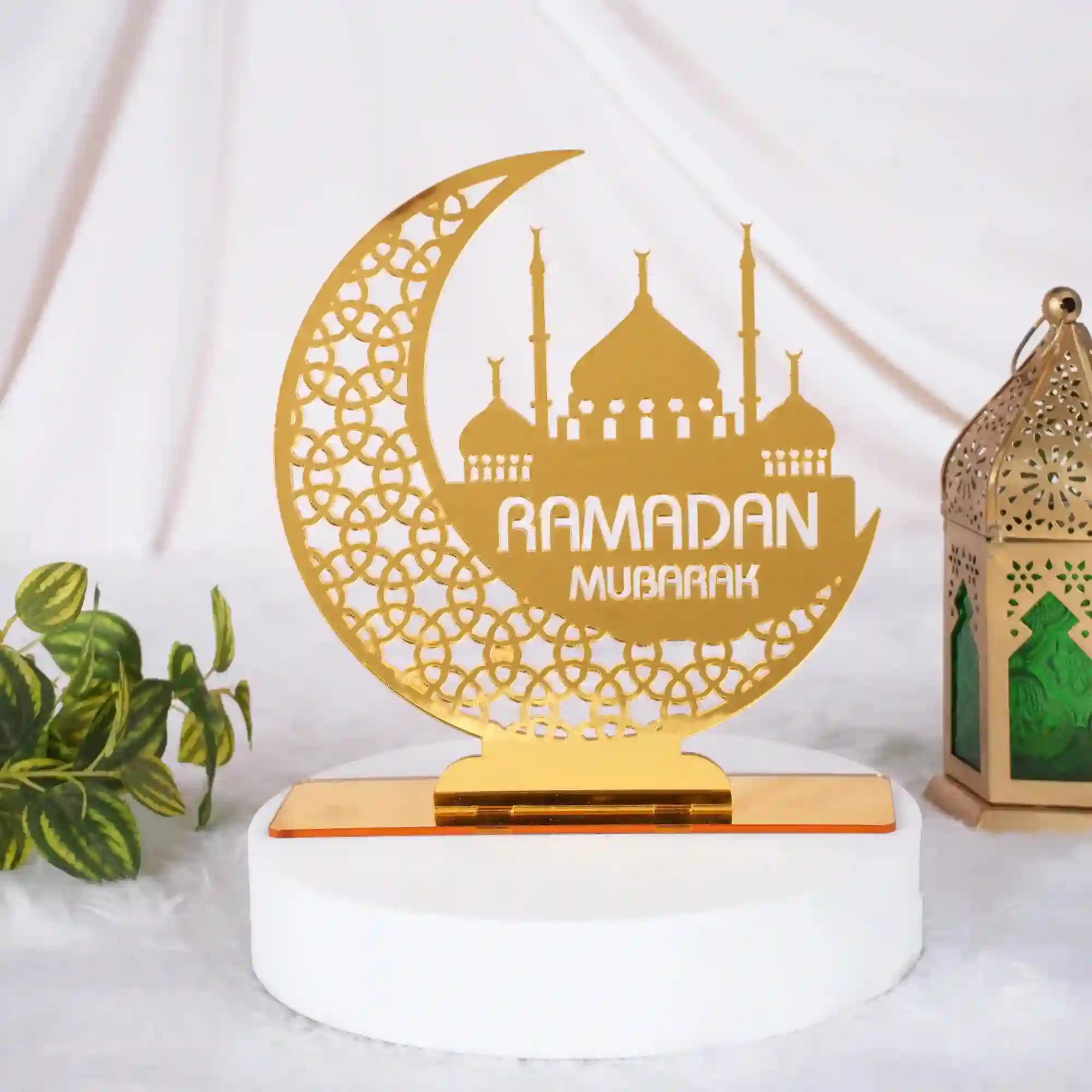 Ramadan Mubarak Stand - Decorative Centerpiece with mosque and crescent design in gold, ideal for festive home decor and easy tabletop display.