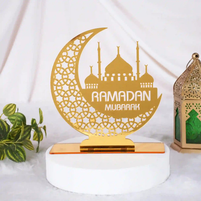 Ramadan Mubarak Stand - Decorative Centerpiece with mosque and crescent design in gold, ideal for festive home decor and easy tabletop display. Main image