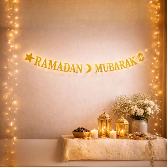Ramadan Mubarak Banner - Festive Islamic Decoration in gold glitter with crescent moon and lantern icons, perfect for Ramadan home celebrations.