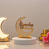 Elegant Ramadan Mubarak Stand centerpiece on display table, surrounded by festive decor. Adds charm to Ramadan celebrations with easy setup.