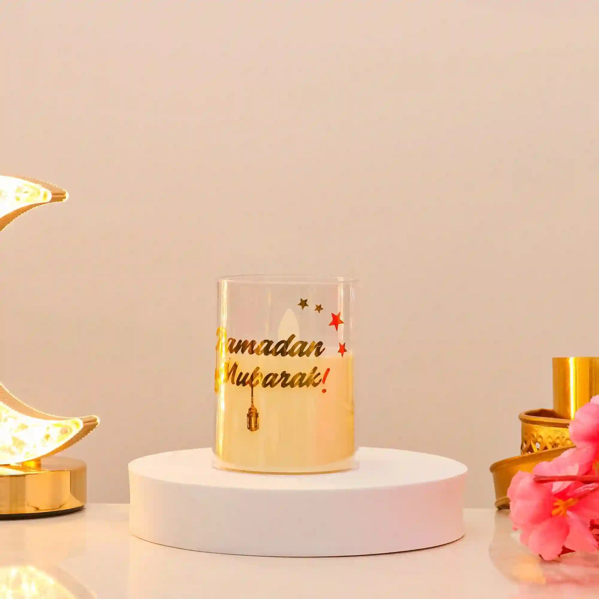 USB rechargeable LED Candle with 'Ramadan Mubarak' design in gold and red, perfect for Eid and Ramadan celebrations.