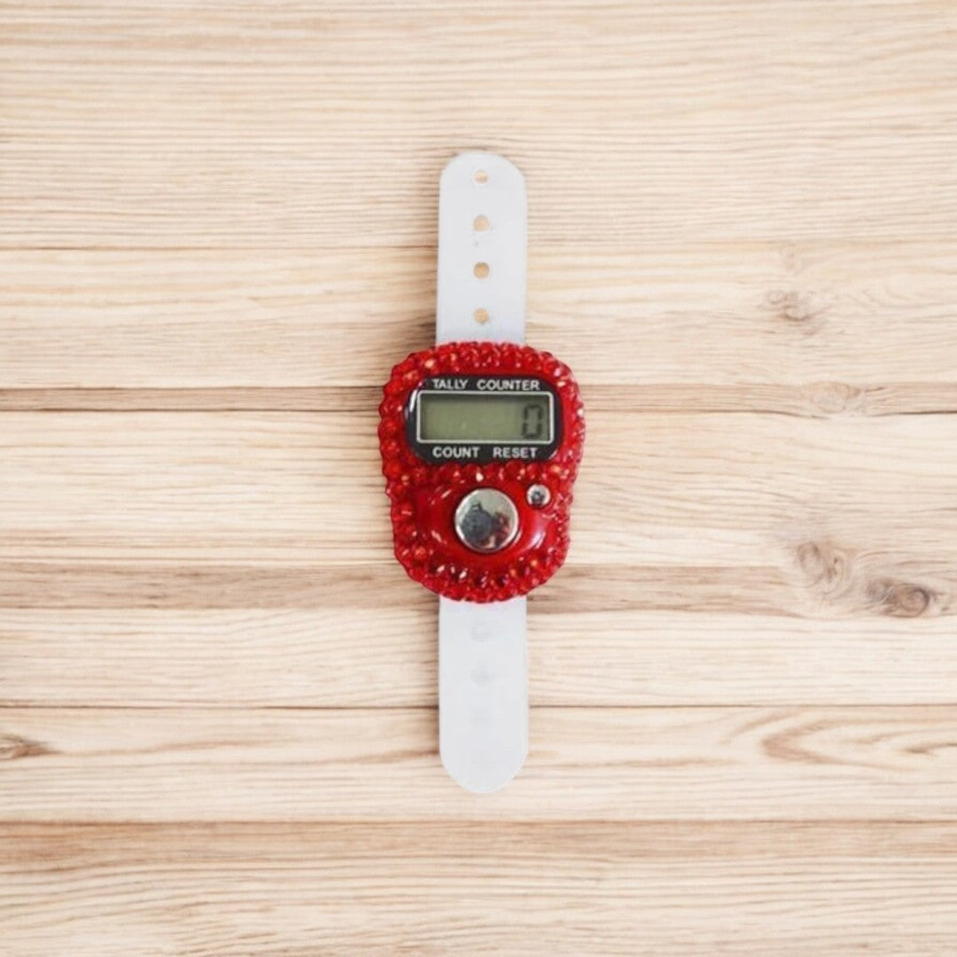 Red digital tasbeeh counter with strap, perfect for Nikah favors and compact zikr on the go.