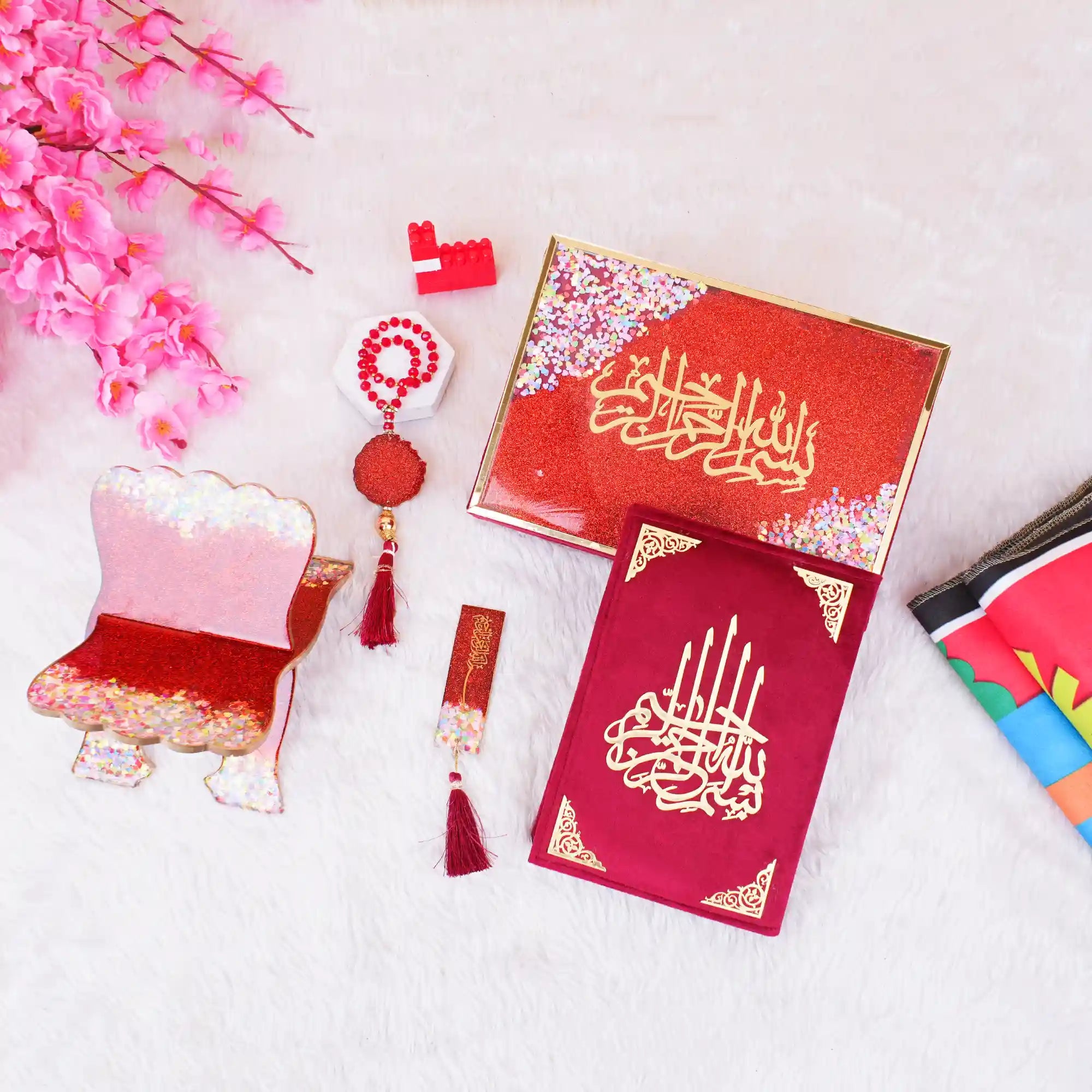 Maroon Kids Glitter Collection Ibadah Gift Set with Quran, tasbih, glittery rehal, and accessories on soft background. Ideal for Ramadan & Eid gifts. Main image