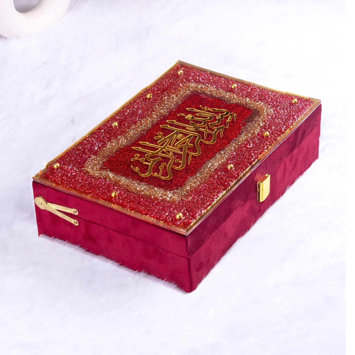 Maroon Bridal Hamper from The Bling Collection featuring a premium velvet Quran gift box with gold Arabic calligraphy. Ideal for Nikkah and wedding gifts.
