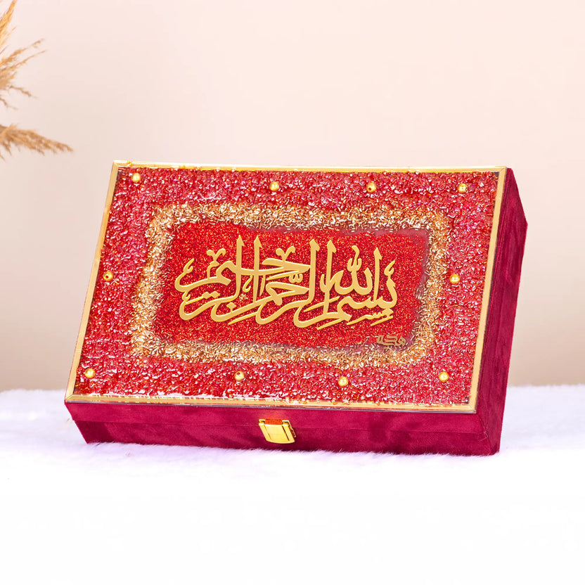 Designer Box - Custom Gift Box in red velvet with handmade resin design and Arabic calligraphy. Ideal for bridal or sacred gifting. Main image