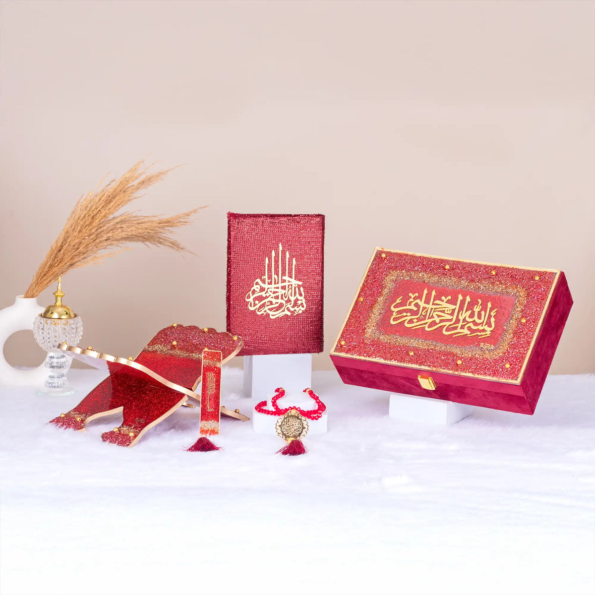 Maroon Bridal Hamper from The Bling Collection featuring a premium Quran gift set, Janamaz, tasbeeh, and decorative box for weddings and Nikkah.