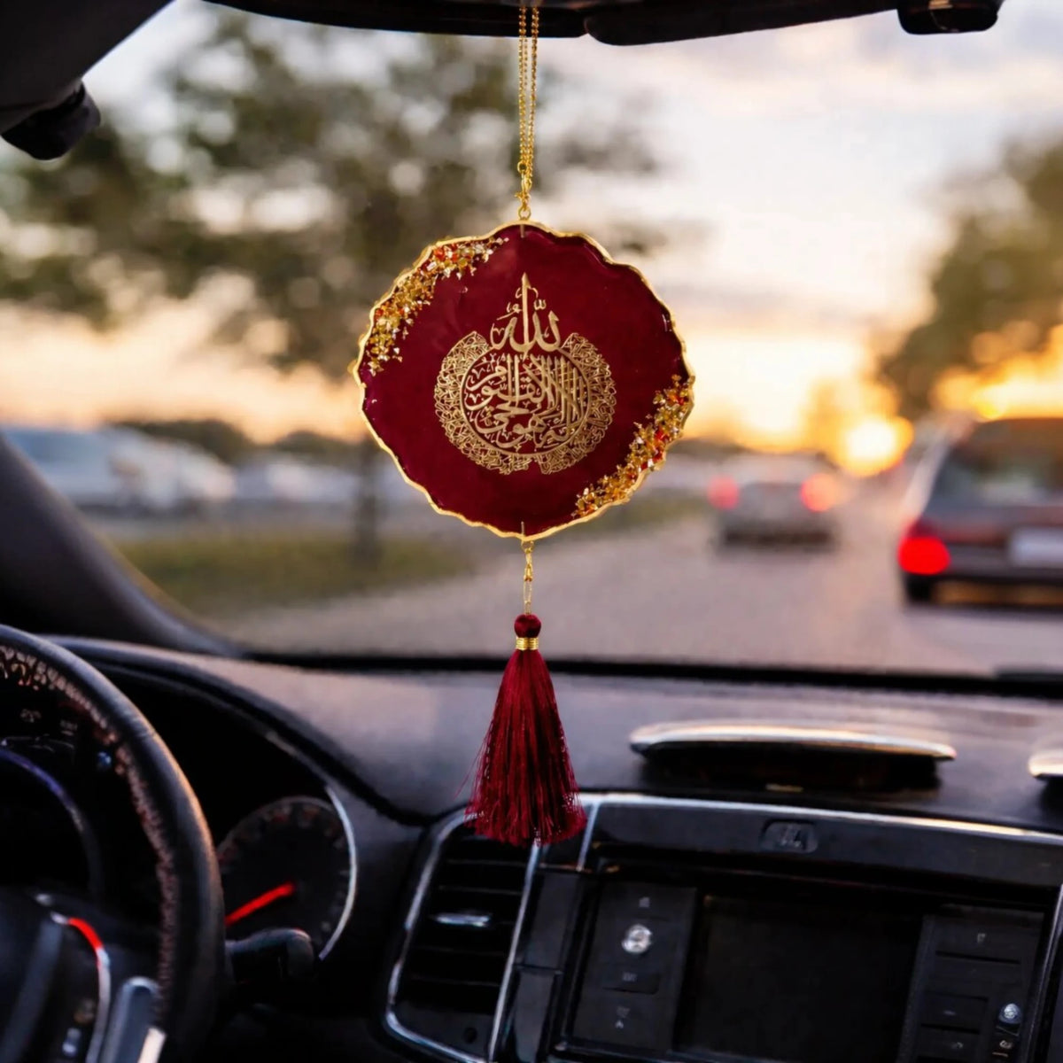 Red Duet Golden Flakes Car Hanging with Islamic calligraphy and tassel