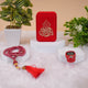 Velvet Tasbeeh Combo with pearl prayer beads, digital counter, and red velvet gift box displayed on white platforms. Perfect for Eid and Dhikr rituals.