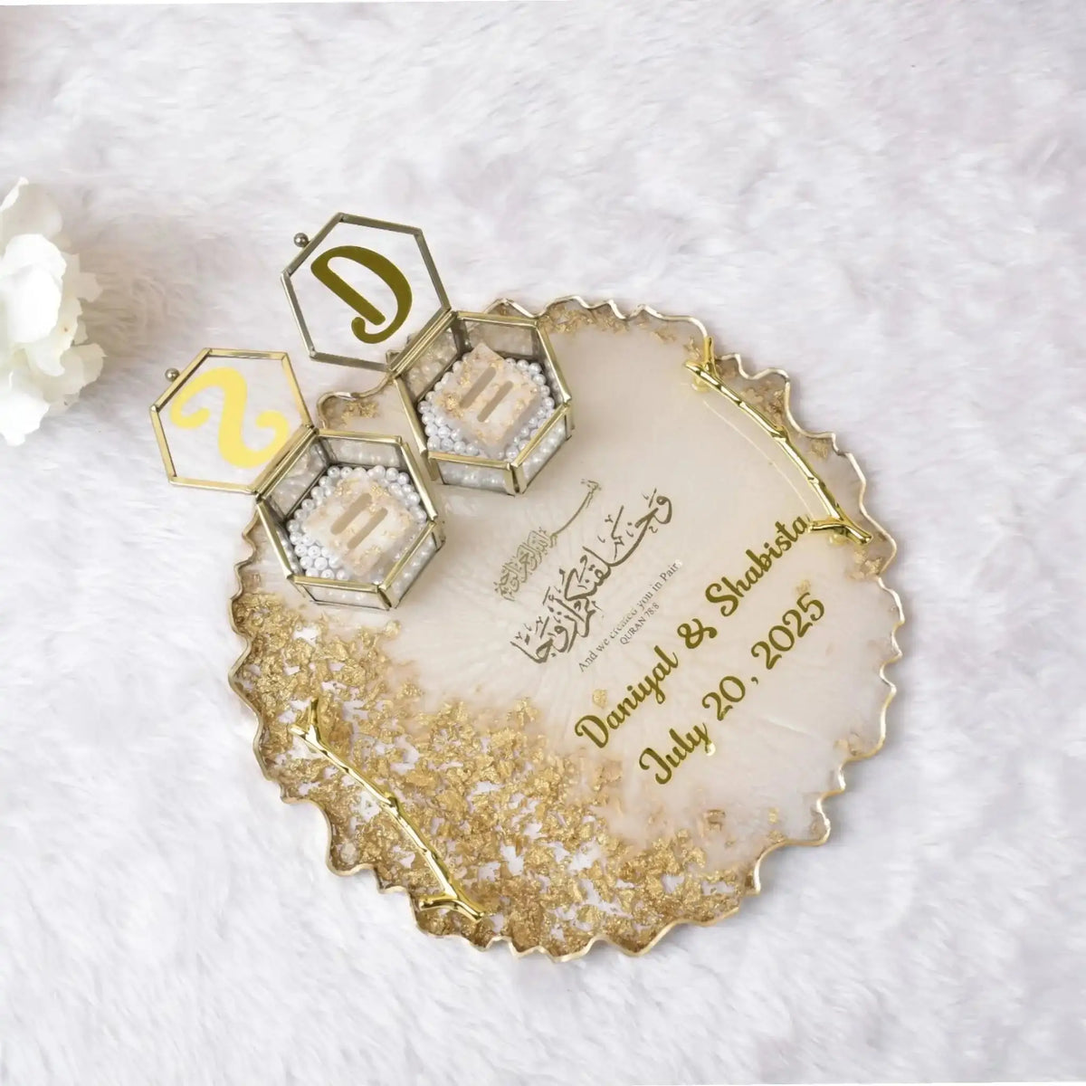 Gold flake Nikha Ring Holder, With custom names and date for wedding