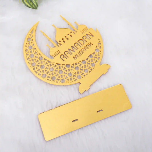 Disassembled Ramadan Mubarak Stand showing gold crescent-mosque panel and base, highlighting easy setup and durable festive home decor.