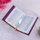 Purple Sequence Bridal Sawab-e-Jariya Hamper featuring an open velvet Quran with gold feather bookmark, ideal for bridal gift hampers and Nikkah ceremonies.