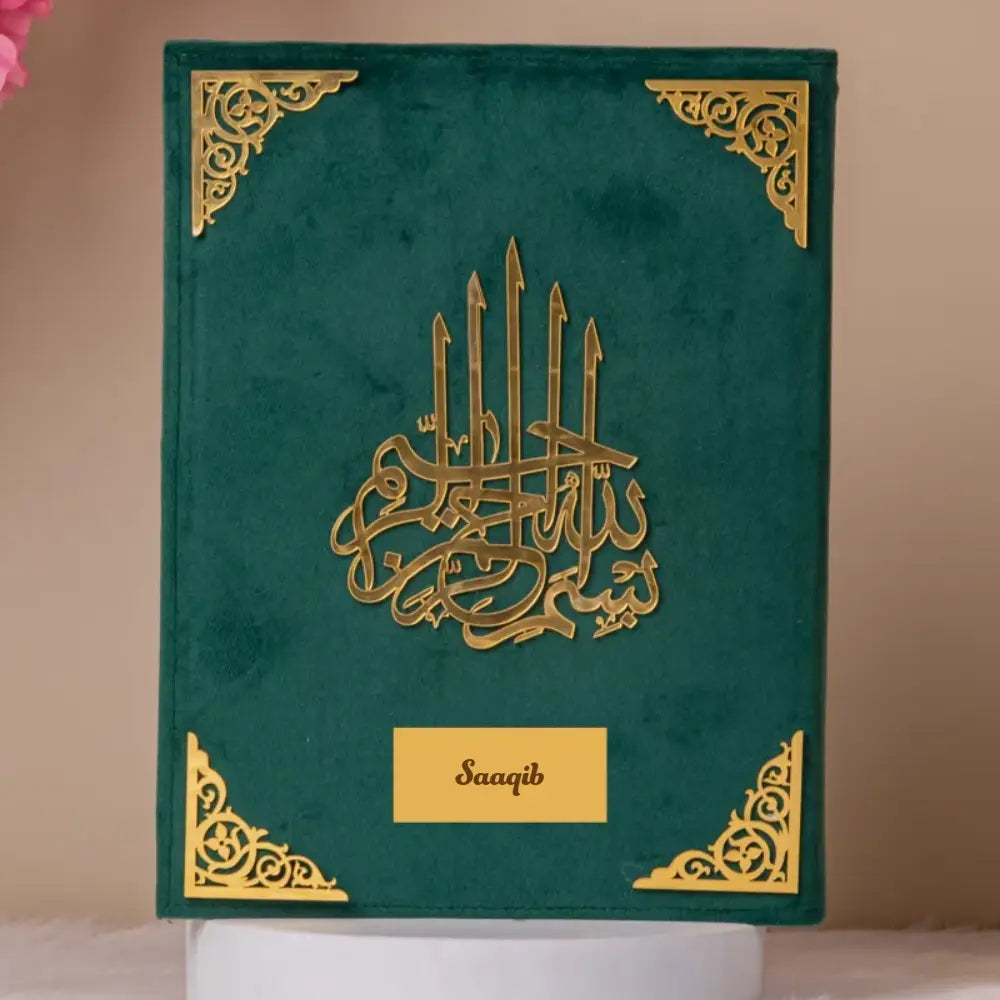 Green Premium Velvet Quran with Urdu Translation and gold calligraphy, personalized with name 'Saaqib'. Ideal handmade Islamic gift.