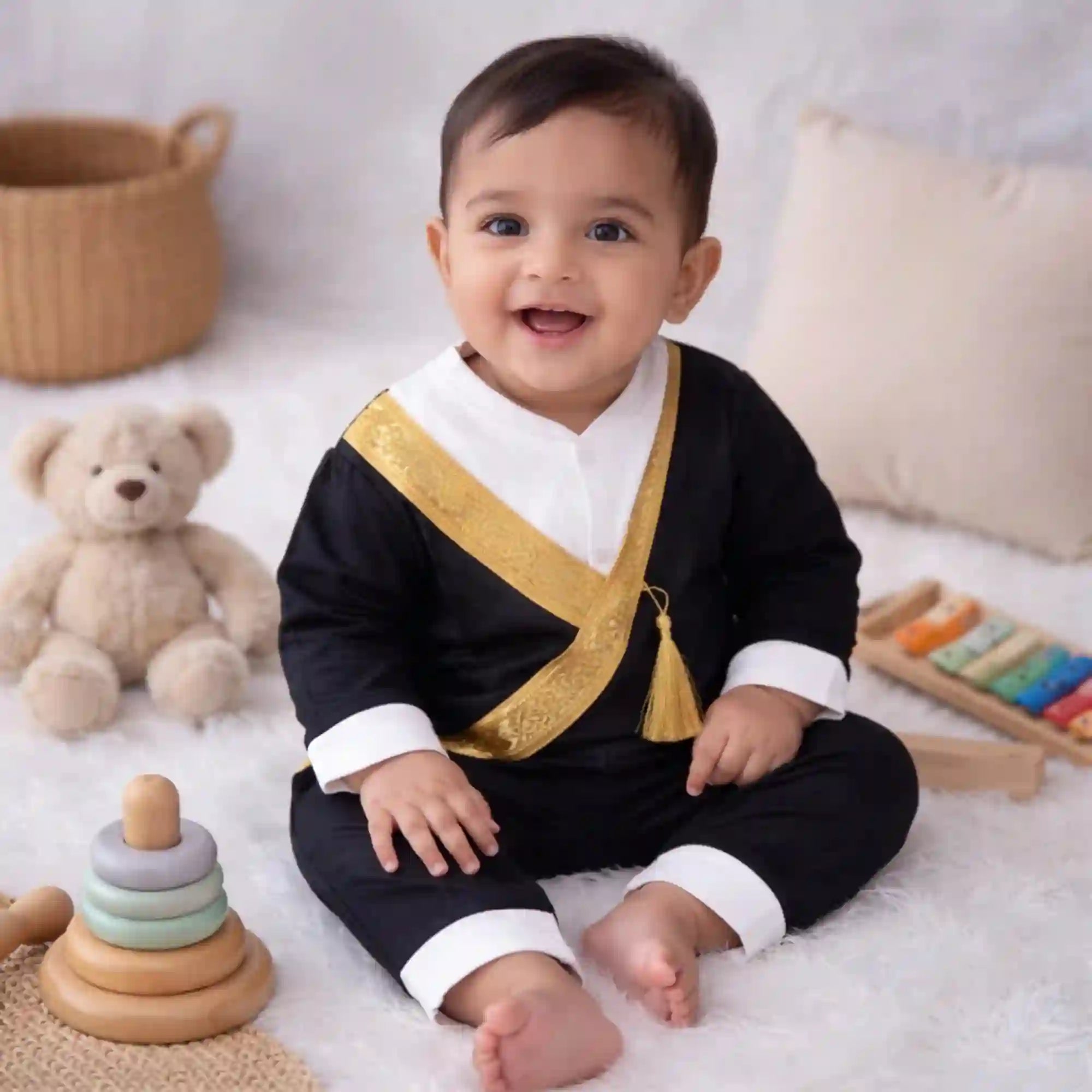 Bisht Romper for Baby Boys in black with gold Omani trim, worn by a smiling baby, ideal for EID celebrations and festive occasions. Main image