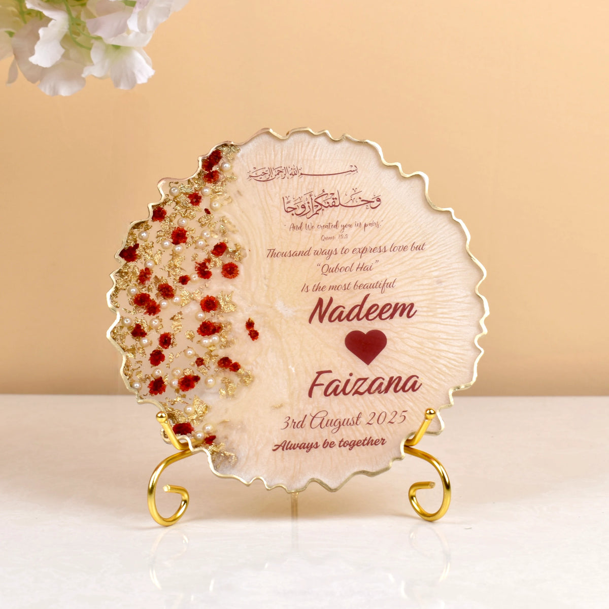 8" Rose Petal Frame - Resin Art Couple Frame with red floral accents, gold detailing, and personalized names Nadeem & Faizana. Elegant keepsake for weddings or anniversaries.