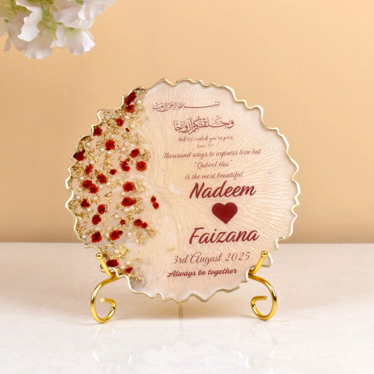 8" Rose Petal Frame - Resin Art Couple Frame with red floral accents, gold detailing, and personalized names Nadeem & Faizana. Elegant keepsake for weddings or anniversaries.