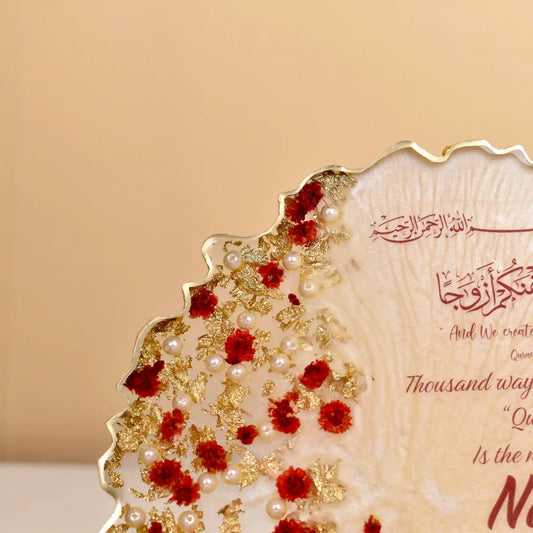 Close-up of 8" Rose Petal Frame showing intricate resin art with red flowers, pearls, and gold flakes. Ideal for personalized home decor or couple gifts.