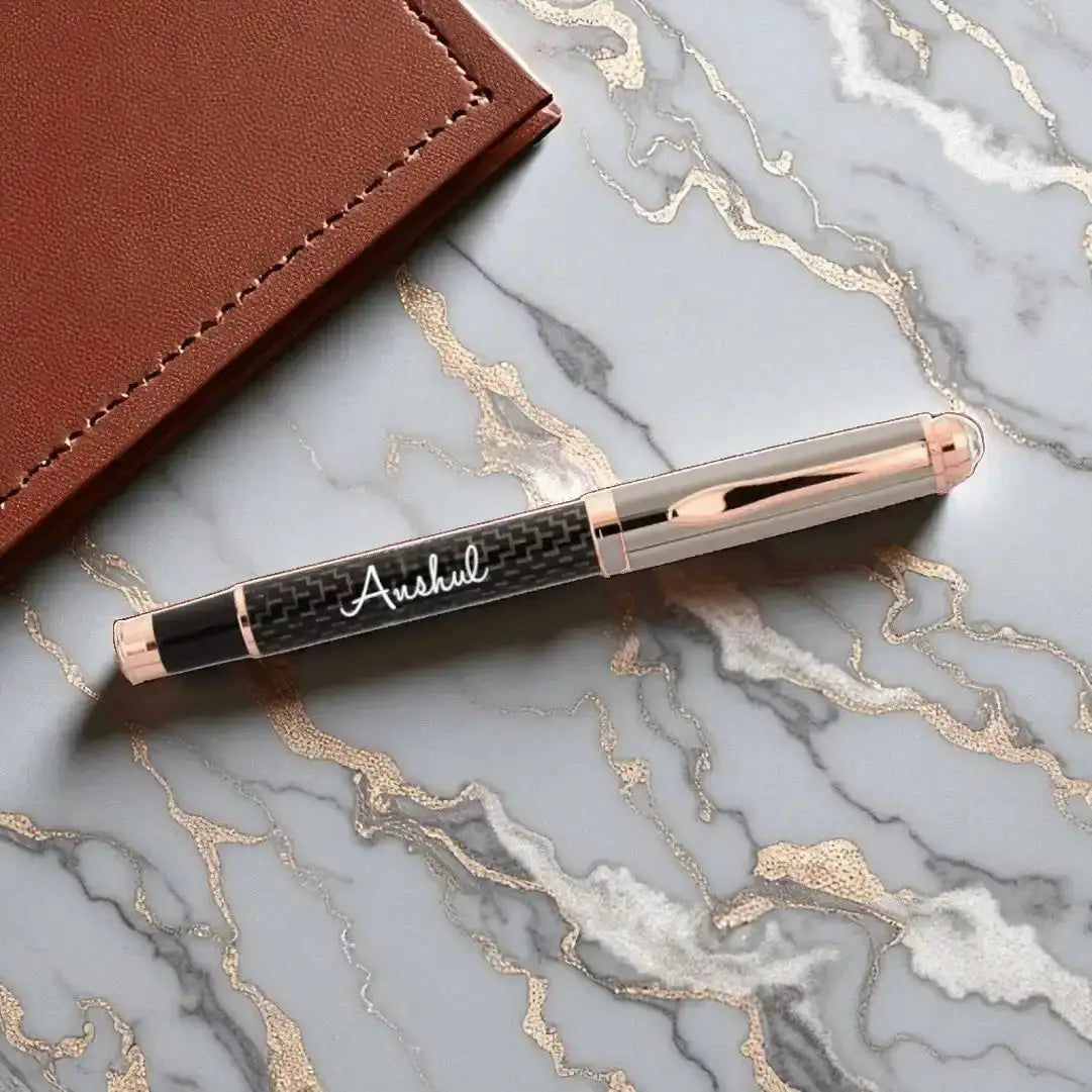 Rosegold Carbon-Fiber Personalized Pen with sleek carbon fiber body and luxurious rose gold accents, ideal for executive gifting and sophisticated writing. Main image