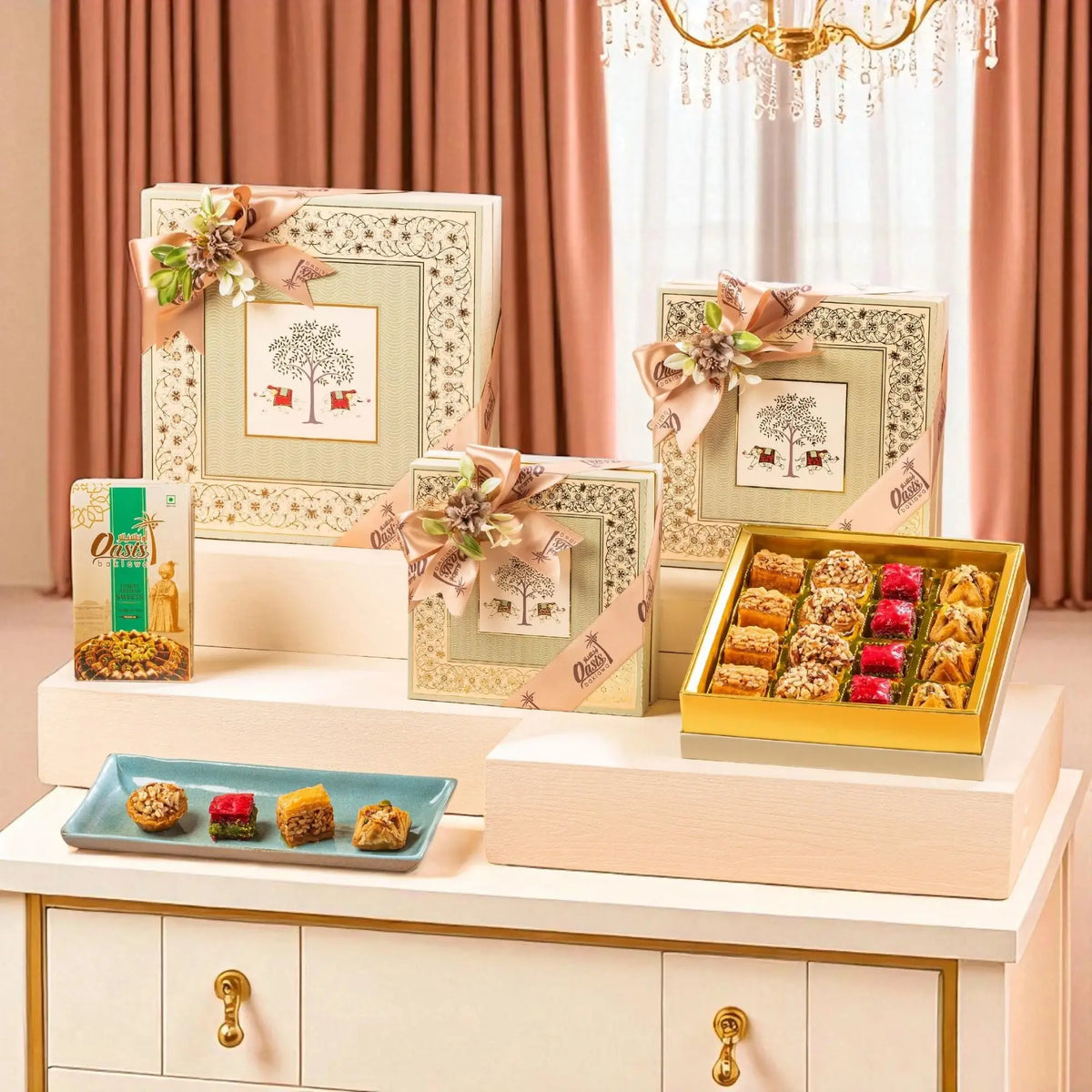 Elegant gift boxes from the Sadaqah Sweets Festive Hamper collection with assorted gourmet sweets, perfect for weddings, Eid, and festive gifting.