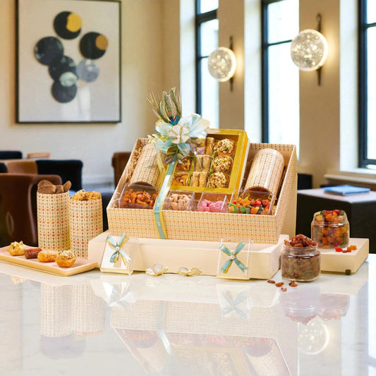 Sadaqah Sweets Festive Hamper - Gourmet Gift Basket featuring assorted sweets, dry fruits, and artisanal treats in a decorative box, ideal for festive gifting.