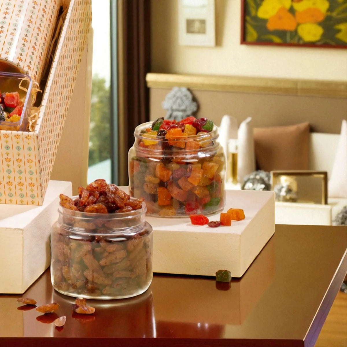Jars of dried fruits and candied treats from the Sadaqah Sweets Festive Hamper, perfect for gourmet gift baskets and festive celebrations.