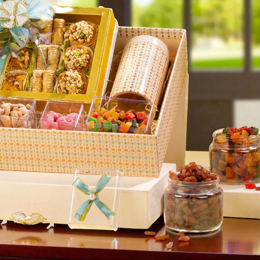 Close-up of Sadaqah Sweets Festive Hamper with gourmet sweets, dry fruits, and colorful candies in a premium gift basket for celebrations and special occasions.