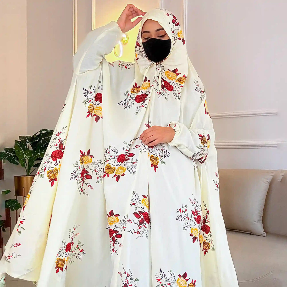 Floral print cotton prayer veil with black mask for modest worship
