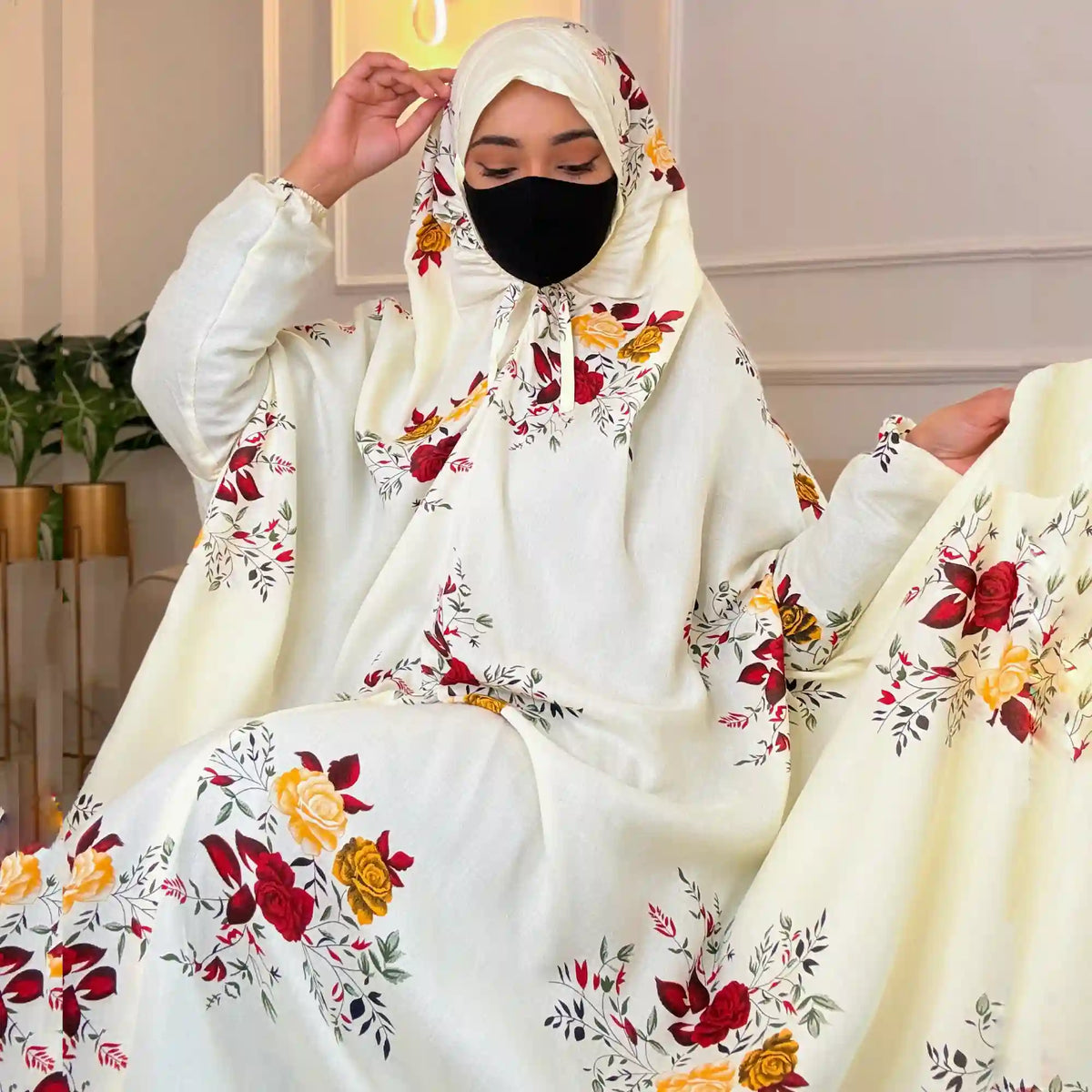 Elegant floral cotton prayer cover with matching floral face mask