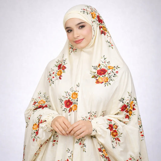 Sakina Knee Length Printed Cotton Namaz Makhna in soft cream with floral print, ideal for prayer and modest fashion wear. Lightweight cotton for comfort.