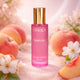 Red and yellow perfume bottles with spices and flowers for aromatic perfume collection